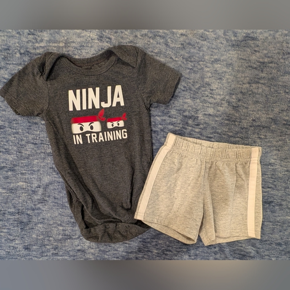 3-6M Dark Gray Ninja Baby Bodysuit And Shorts